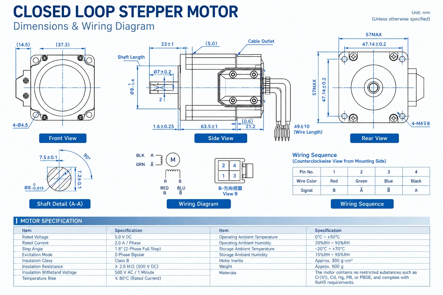 Closed Loop Stepper Motor Dimension & Wiring Diagram